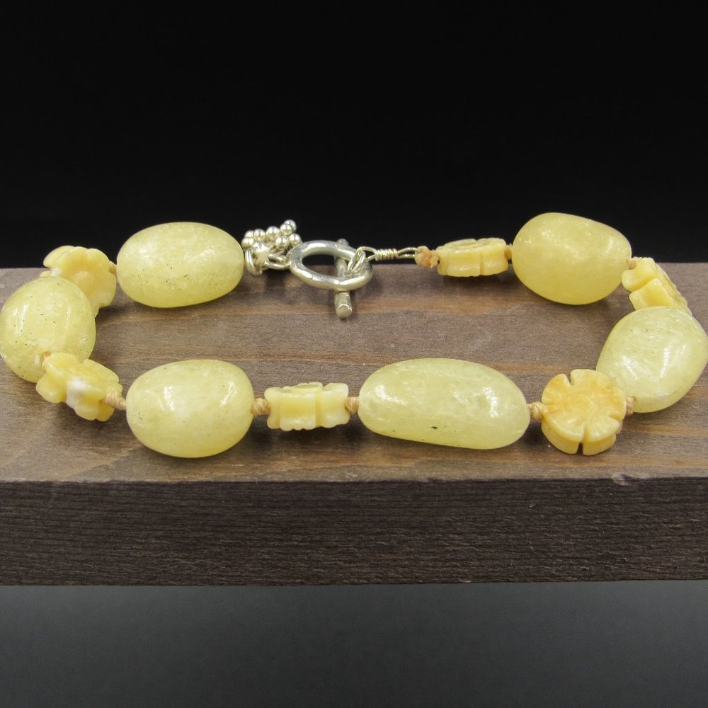 8" Sterling Silver Rough Stone Citrine Flower Bracelet Vintage